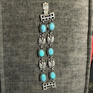 Lucite Faux Turquoise Double Strand Bracelet, Silver Leaves, 1950s